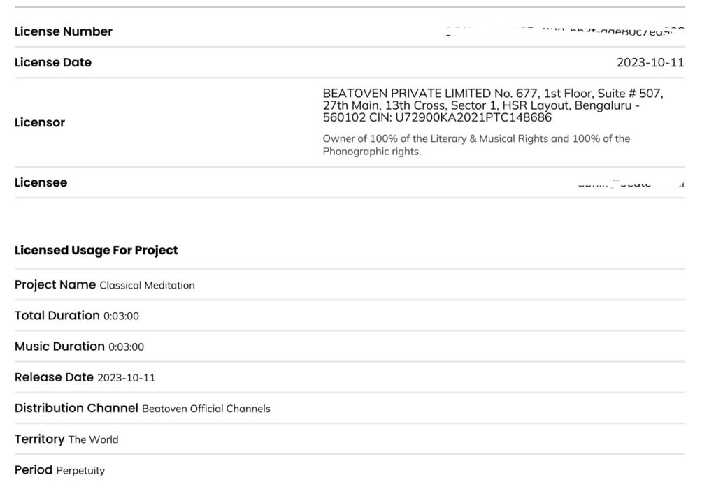 Screenshot of music license
